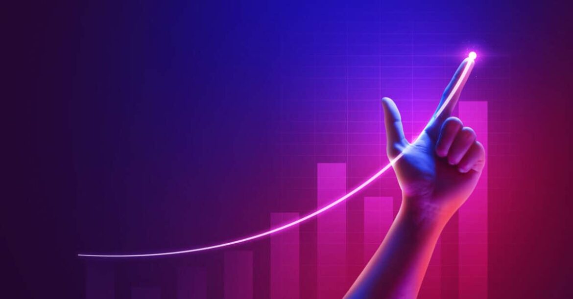 Business success of growth metaverse finance and investment profit graph concept or development analysis progress chart on financial market achievement strategy background with increase hand diagram